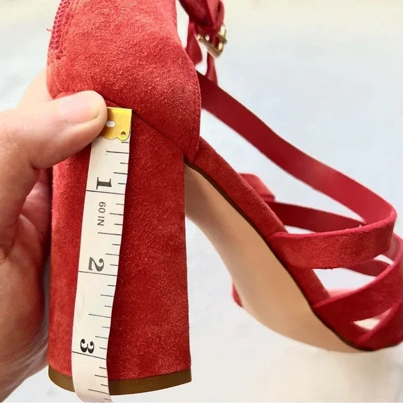Bleecker & Bond Mindy Heels Womens Size 8 Cage Chunky Sandals Red Suede Strappy - Picture 11 of 12